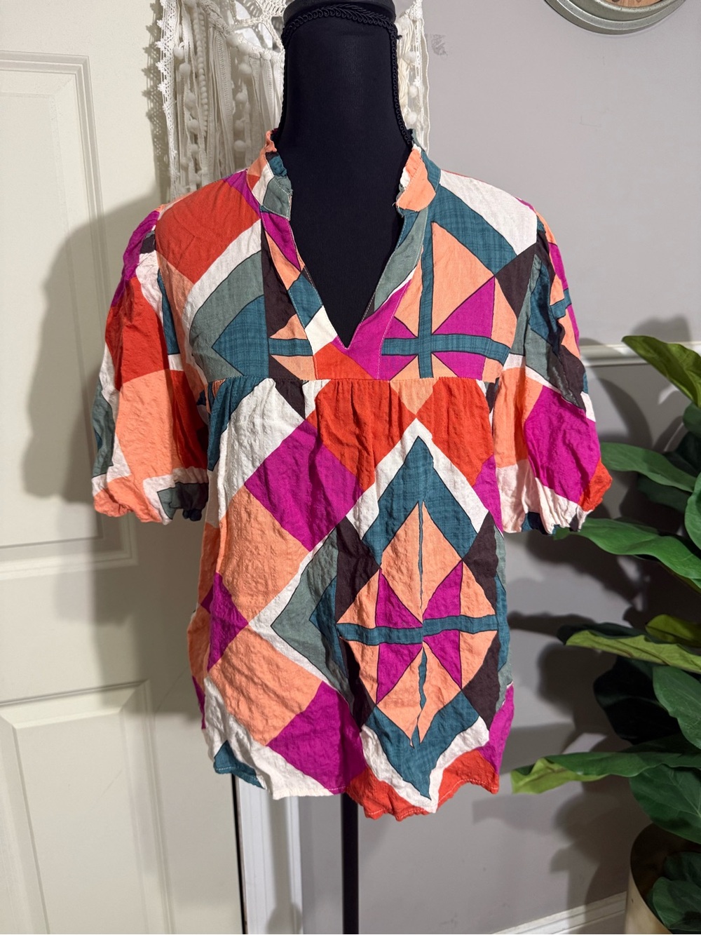 THML Geometric Patchwork Blouse in Pink, Coral & Teal size small
